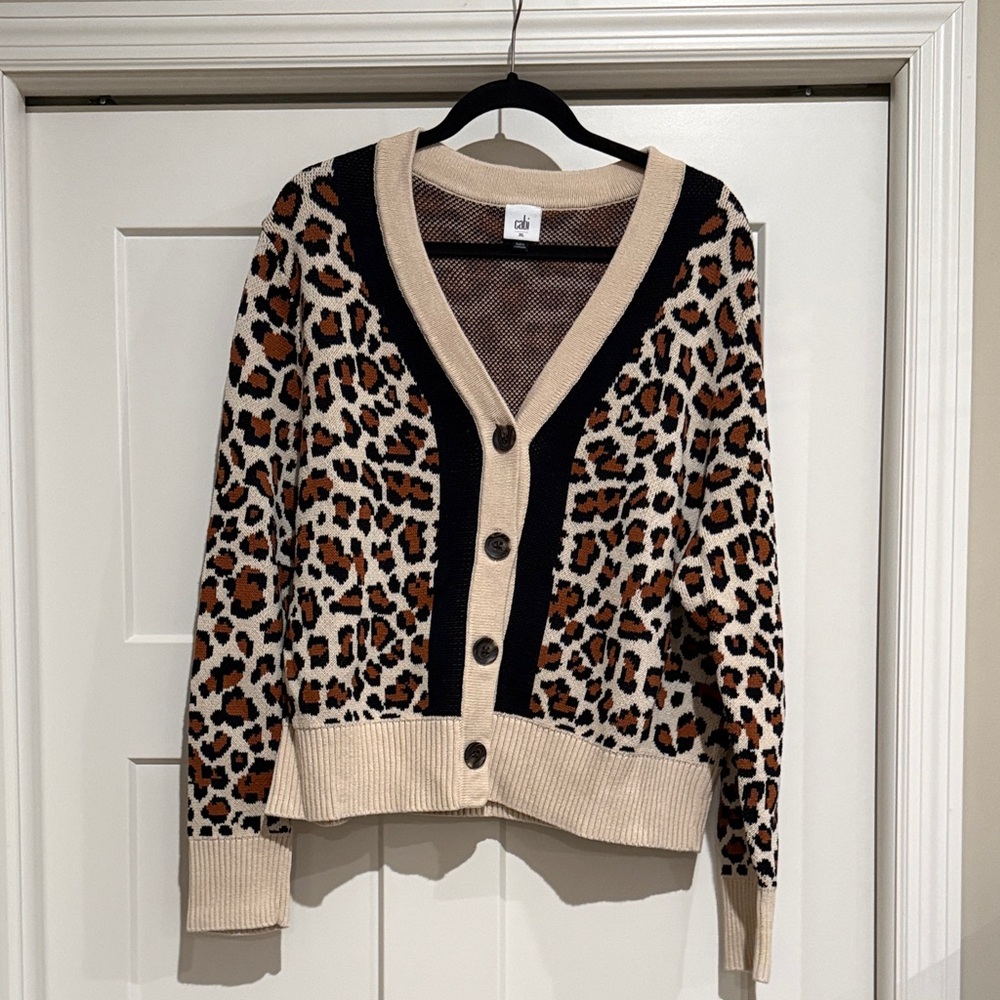 CAbi Leopard Print Cardigan in Black and Tan